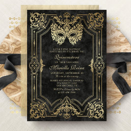 Invitación Foto Mascarada de oro negro Quinceanera