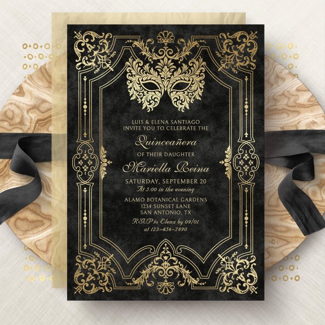 Invitación Foto Mascarada de oro negro Quinceanera (Subido por el creador)