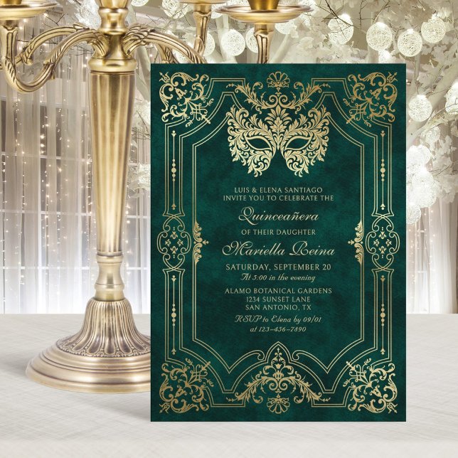 Invitación Foto Mascarada de Oro Verde Quinceanera (Subido por el creador)