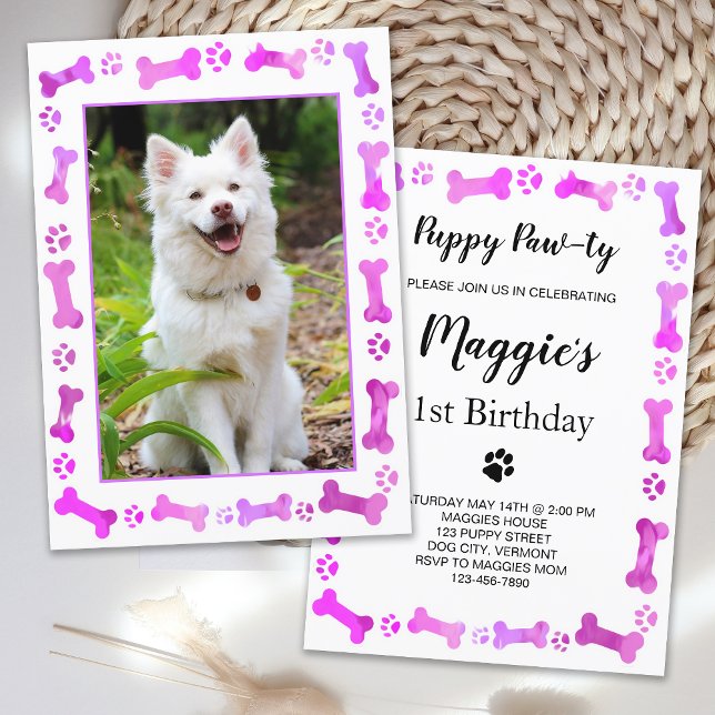 Invitación Foto mascota Pink Paw Imprime Perro Cumpleaños (Subido por el creador)