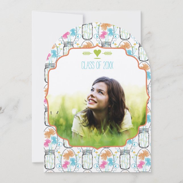 Invitación Foto Mason Jar Pink Coral Aqua Graduación Floral (Reverso)