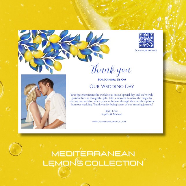 Invitación Foto mediterránea-Boda-Lemones-Gracias- (Mediterranean Lemons-Wedding Collection-Thank you  Card-Citrus-Yellow and Blue)