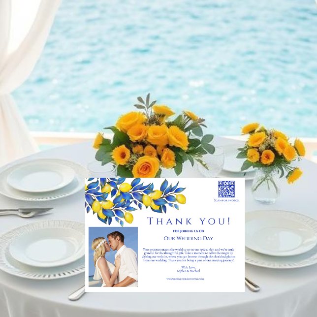 Invitación Foto mediterránea-Boda-Lemones-Gracias- (Mediterranean Lemons Collection-Thank You-Amalfi Italy, Yellow and Blue, Citrus)