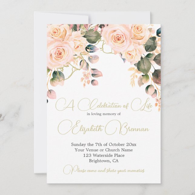 Invitación Foto Memorial funeral Elegante Floral Rosa Rosa (Anverso)