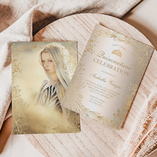 Invitación Foto metálica con flores de oro Tiara moda Quincea
