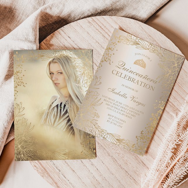 Invitación Foto metálica con flores de oro Tiara moda Quincea (Subido por el creador)