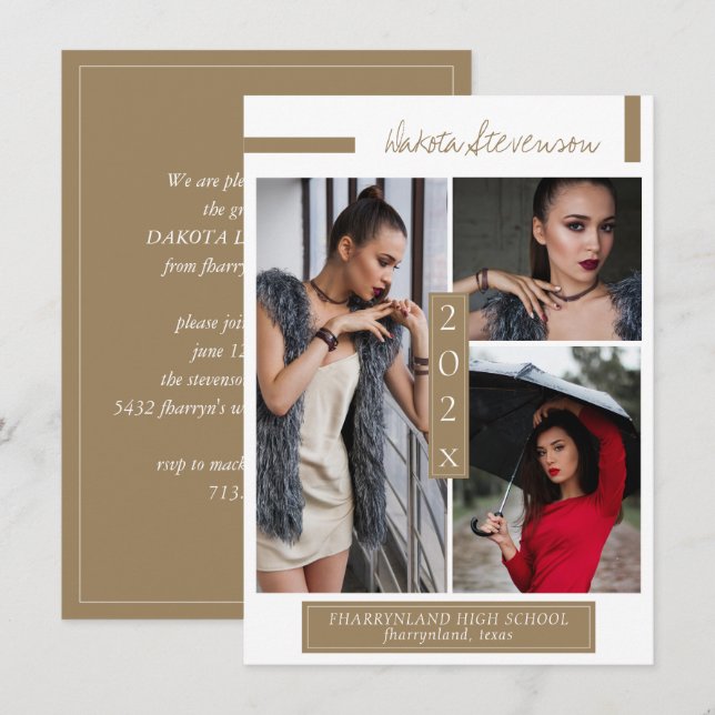 Invitación Foto mínima de graduación de oro oscuro y blanco (Anverso / Reverso)