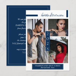 Invitación Foto mínima de graduación en azul y blanco de la M