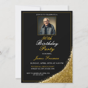 Invitación Foto mínima en negro y oro 90 cumpleaños