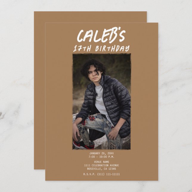 Invitación Foto Mínima Marrón Foto Fiesta de cumpleaños (Anverso / Reverso)