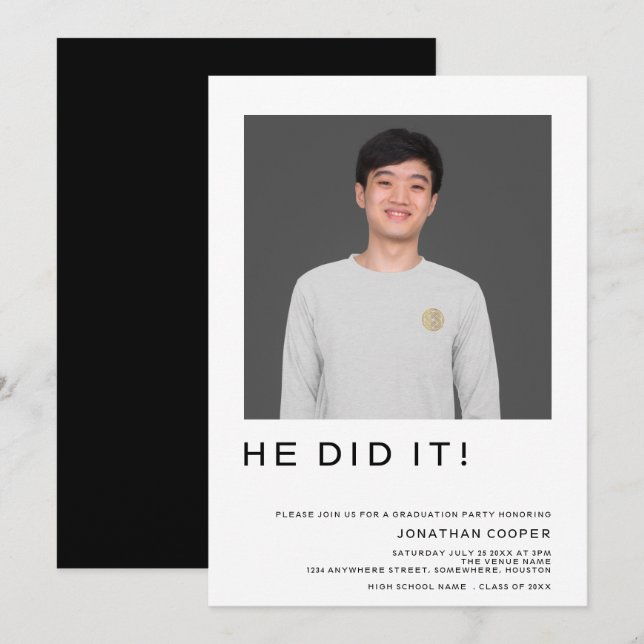Invitación Foto Mínima Que Él Hizo La Graduación De Blanco Ne (Anverso / Reverso)