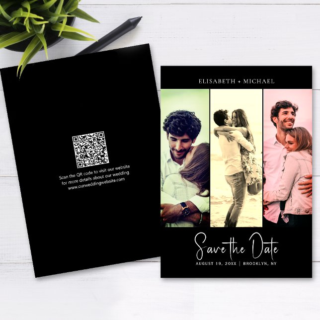 Invitación Foto Mínima Retro Negro Código QR Guardar La Fecha (The QR code makes it easy for guests to visit your website for more details about your wedding.)
