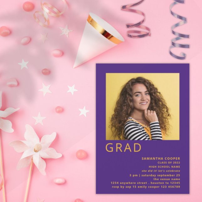 Invitación Foto minimalista 2022 Graduación Amarillo Púrpura (Subido por el creador)