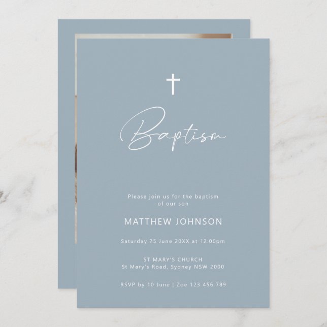 Invitación Foto minimalista bautismo azul bautizado (Anverso / Reverso)