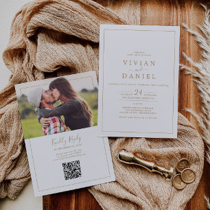 Invitación Foto minimalista de oro Código QR todo en un Boda
