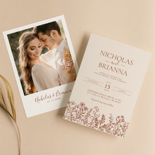 Invitación Foto minimalista del Boda Terracotta Wildflower