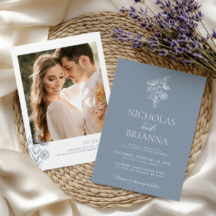 Invitación Foto Minimalista del clásico Boda floral azul agit