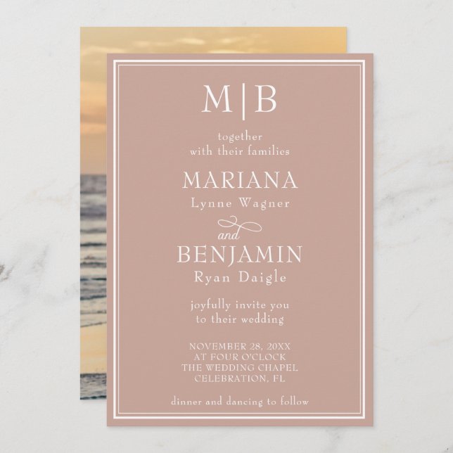 Invitación Foto Minimalista moderna Boda rosa Boho (Anverso / Reverso)