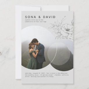 Invitación Foto Minimalista moderna de Boda gris floral