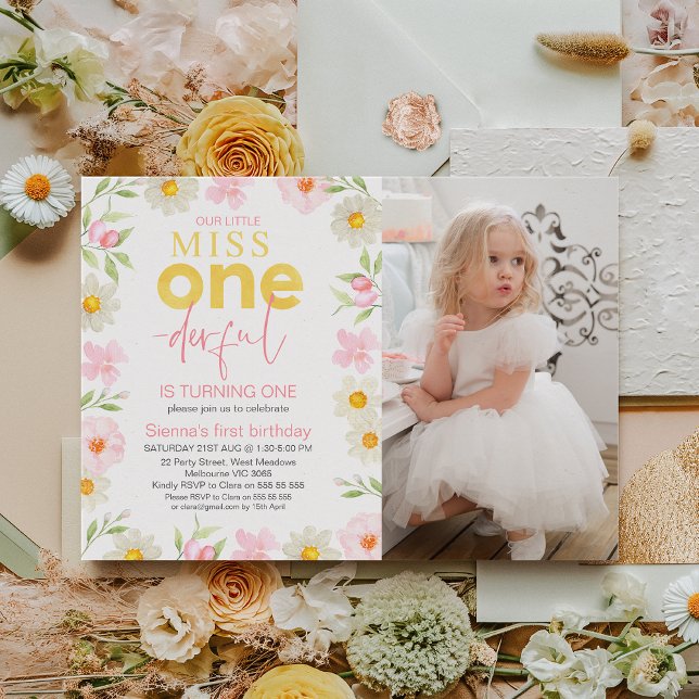Invitación Foto Miss Floral Rosa Maravillosa Primer Cumpleaño (Miss Onedeful 1st Birthday Invitation Template, Floral Onederful First Birthday invitation Spring)