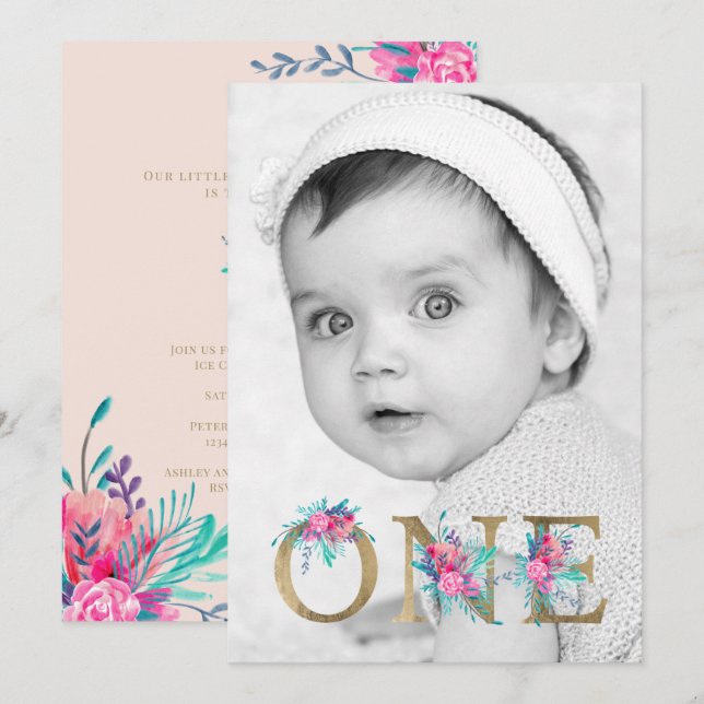 Invitación Foto moda oro floral letra de primer cumpleaños ru (Anverso / Reverso)