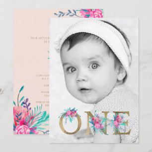 Invitación Foto moda oro floral letra de primer cumpleaños ru