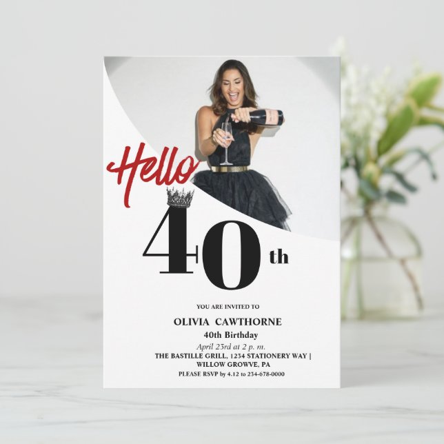 Invitación Foto moderna 40 años Blanco Negro (Anverso de pie)