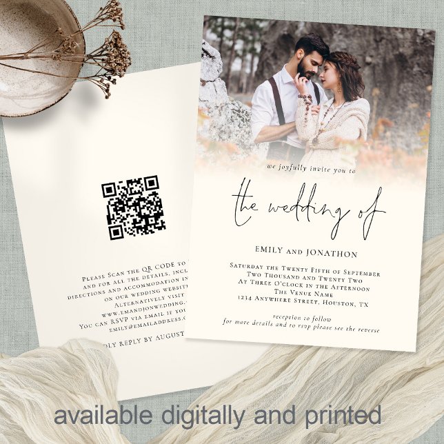 Invitación Foto moderna Boda de código QR de escritura crema (Subido por el creador)
