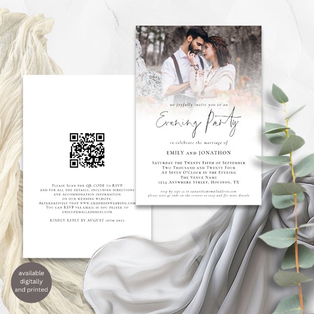 Invitación Foto moderna Boda de código QR Fiesta nocturno (Front and back view)