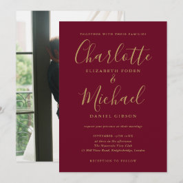 Invitación Foto Moderna Boda De Guión Borgoña Y Oro