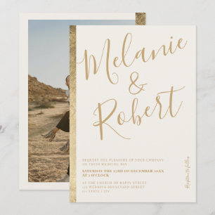 Invitación Foto moderna boda de marfil de rayas doradas