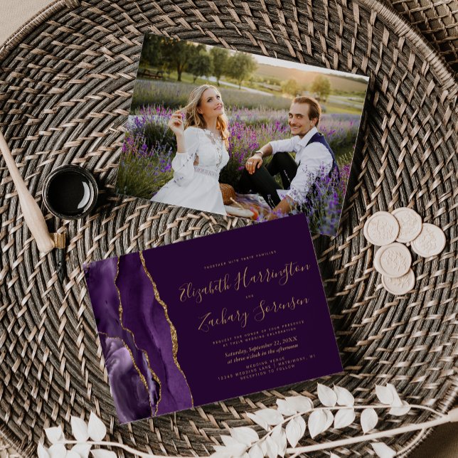 Invitación Foto moderna Boda de Pluma de Oro Púrpura (Subido por el creador)