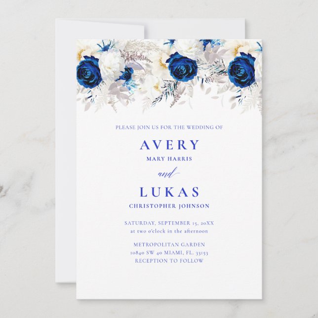 Invitación Foto moderna Boda floral azul y blanco real (Anverso)