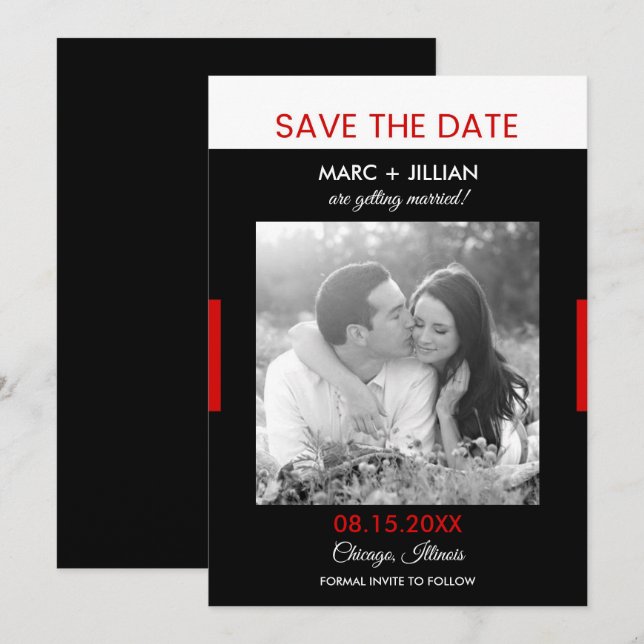 Invitación Foto moderna Boda negra y roja salvan la fecha (Anverso / Reverso)