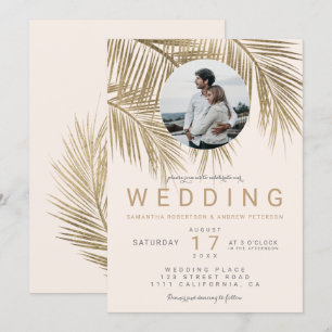 Invitación Foto moderna boda rosa de la palmera dorada