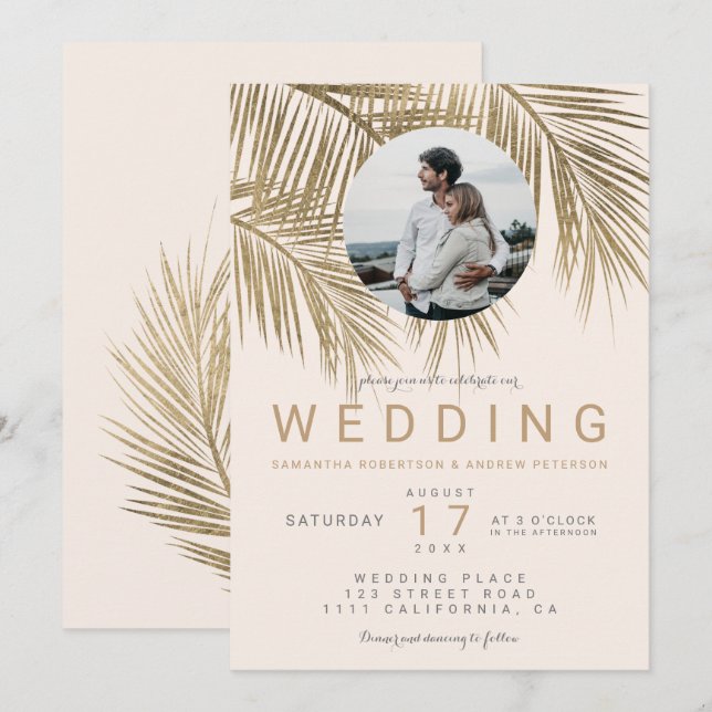 Invitación Foto moderna boda rosa de la palmera dorada de la  (Anverso / Reverso)