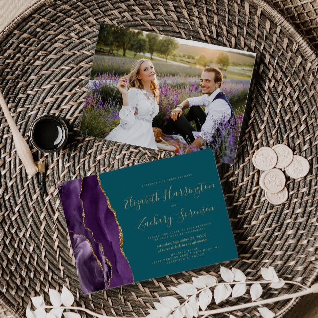 Invitación Foto moderna Boda Verde azulado de Purple Gold Aga (Subido por el creador)