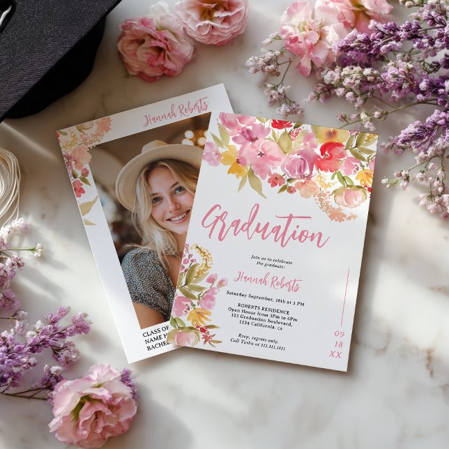 Invitación Foto moderna boho graduación floral rosa lavanda (Modern photo Boho Pink Lavender floral graduation Invitation)