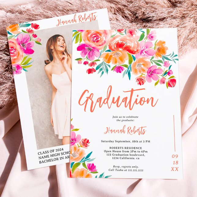 Invitación Foto moderna Boho naranja graduación de flores (Modern photo Boho orange floral graduation Invitation)