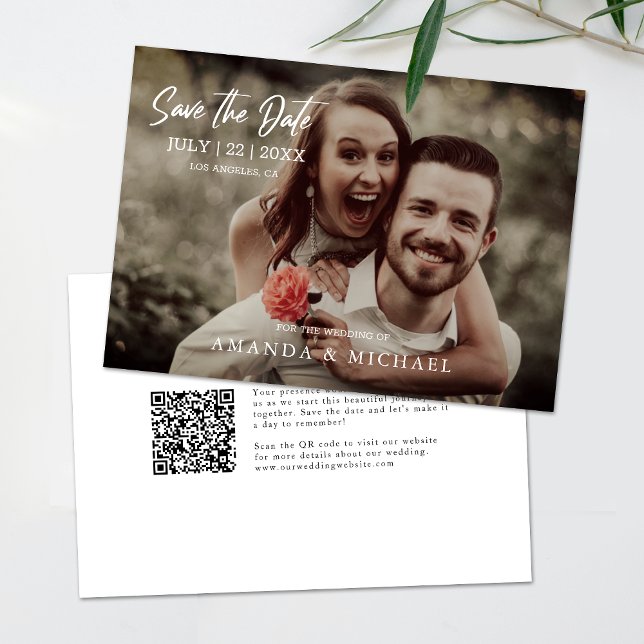 Invitación Foto moderna Código QR Boda simple Guardar la fech (Save time and reduce wedding planning stress with this QR code Save the Date card.)