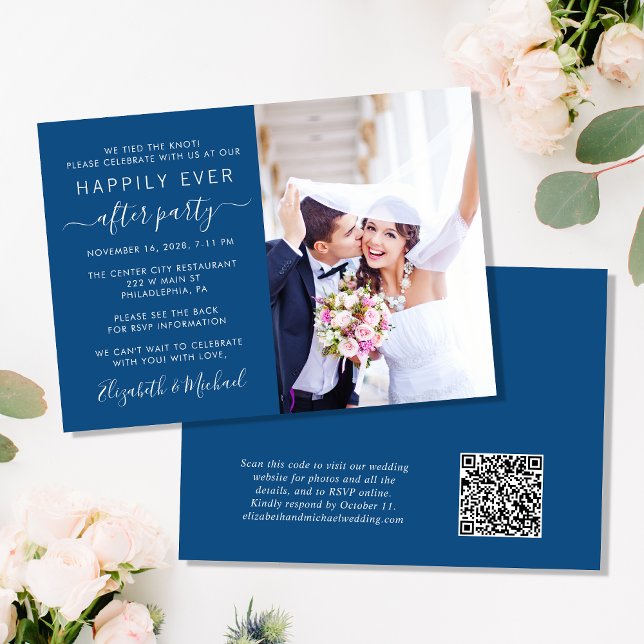 Invitación Foto moderna Código QR Recepción de boda azul (Subido por el creador)