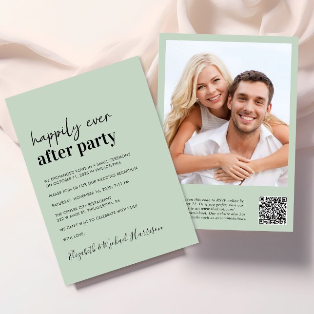 Invitación Foto moderna Código QR Recepción de boda de sabios (An elegant Happily Ever After Party Invitation to set the tone for an unforgettable event)