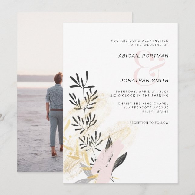 Invitación Foto moderna de Boda botánico Rubor y negro (Anverso / Reverso)