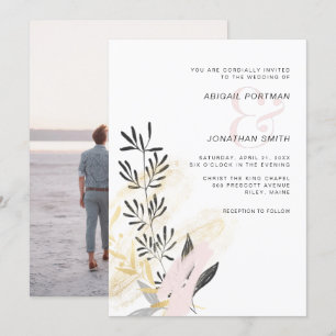 Invitación Foto moderna de Boda botánico Rubor y negro