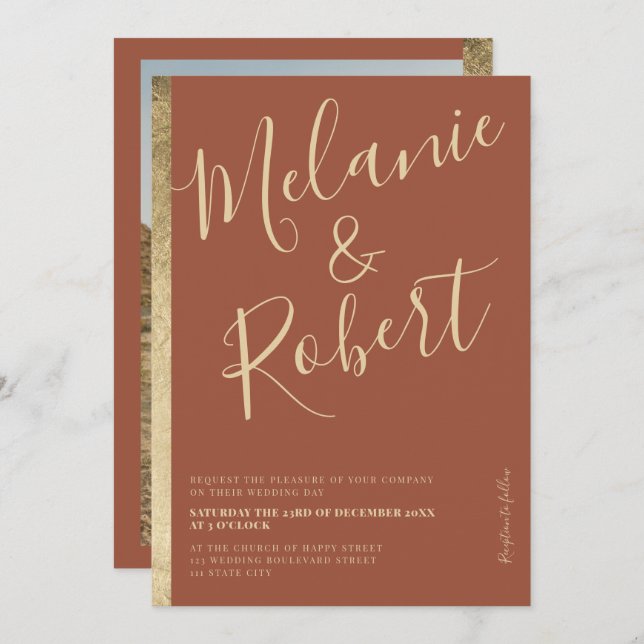 Invitación Foto moderna de boda con banda dorada de terracota (Anverso / Reverso)