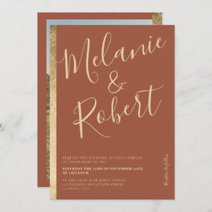 Invitación Foto moderna de boda con banda dorada de terracota