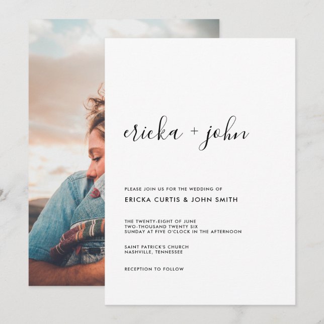 Invitación Foto moderna de caligrafía Minimalista (Anverso / Reverso)