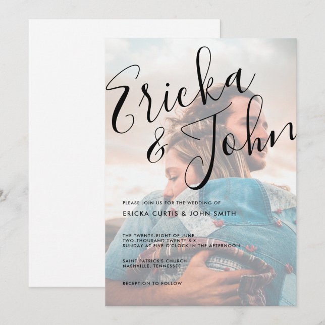 Invitación Foto moderna de caligrafía Minimalista (Anverso / Reverso)
