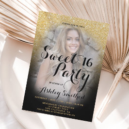 Invitación Foto moderna de color negro purpurina dorado Sweet
