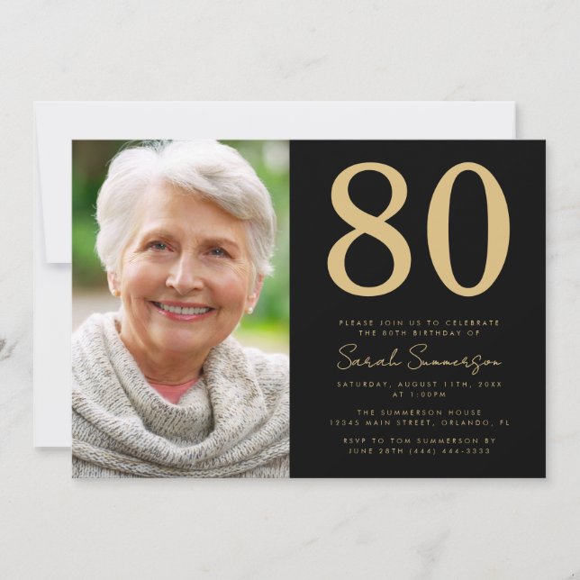 Invitación Foto moderna de cumpleaños 80 negro oro (Anverso)